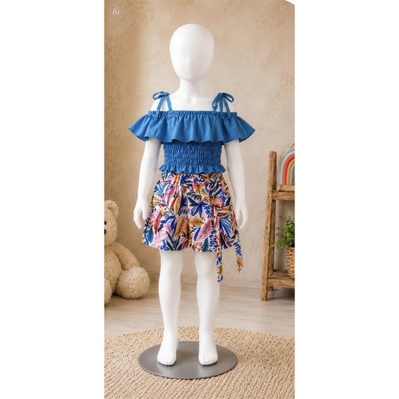 The Unbranded Brand Other - Girls 2T-3T Summer Outfit Blue Ruffle Top Floral Shorts 2 Pc Set Cute